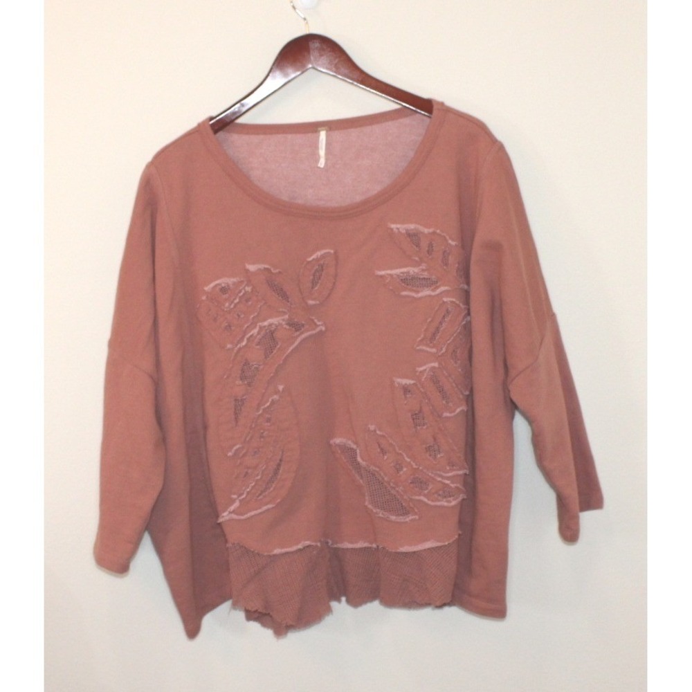 Free People Sweatshirt Large mauve pink applique mesh back boxy pullover top